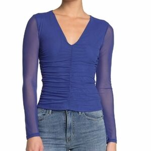 NWT Mesh Solid Print Ruched V-Neck Top
